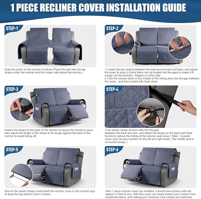 TAOCOCO 100% Waterproof Recliner Covers, Recliner Sofa Covers with Leg Straps, Reversible Recliner Couch Cover for Reclining Chair, Washable Couch Protector for Pets Kids(2 Seater, Bluish Gray)