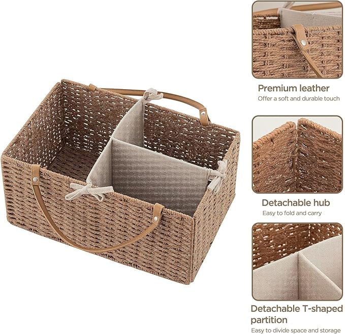 HBlife Large Baby Diaper Caddy Organizer, Paper Rope Storage Baskets Nursery Bin with Removable Divider, Portable Car Organizer for Diapers, Baby Shower Gifts, Newborn Essentials Must Haves