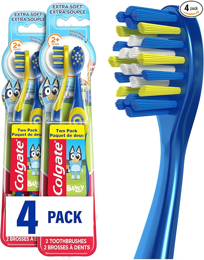 Colgate Extra Soft Toothbrush for Kids, Kids Toothbrush Pack with Built in Suction Cup Toothbrush Holder, Designed for Children Ages 2 and Up, Extra Soft Bristles, Bluey, 4 Pack