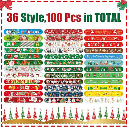100Pcs Christmas Slap Bracelets, Christmas Party Favors Fidget Toys, Xmas Snap Wristbands for Kids Christmas Gifts, Goodies Stocking Stuffers, Classroom Prizes