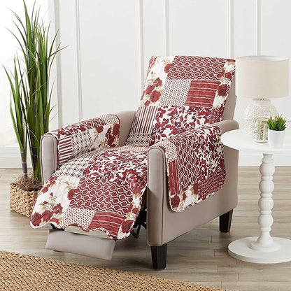 Great Bay Home Patchwork Scalloped Printed Furniture Protector Stain Resistant Recliner Cover (Recliner, Burgundy)