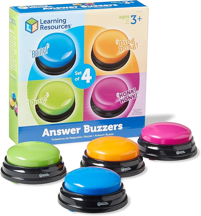 Learning Resources Answer Buzzers - Set of 4, Ages 3+, Assorted Colored Buzzers, Game Show Buzzers, Perfect for Family Game and Trivia Nights, for Kids
