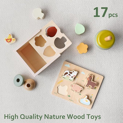 PairPear Educational Toys Set 3 in 1 - Wooden Toys Shape Sorter Cubes - Activity Stacking Toys - Animal Todder Puzzles - Classic Learning Toys Gift for Baby 1 Year Old and Up.