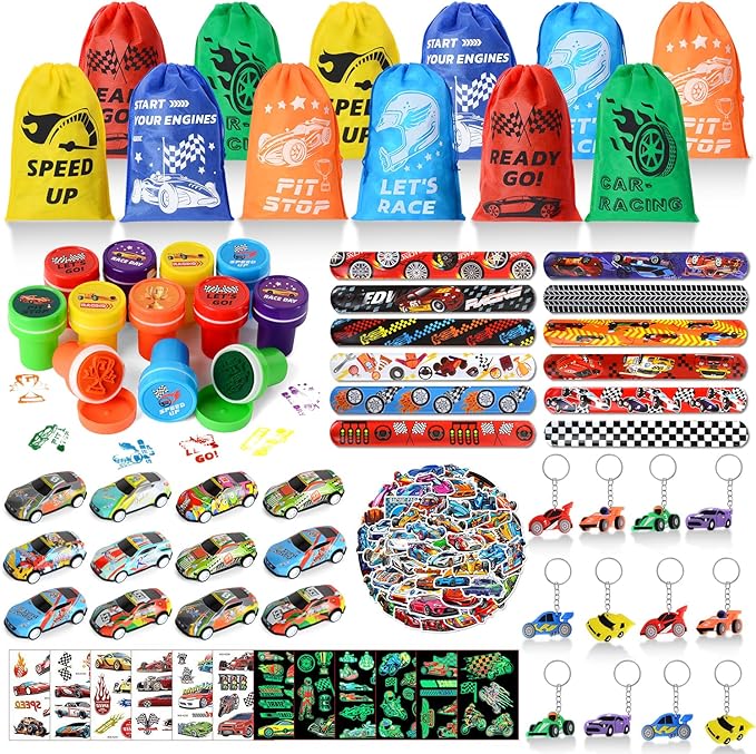 122 PCS Race Car Party Favors, Racing Birthday Party Favors with Pull Back Cars Drawstring Bags Slap Bracelet Keychain Stamper Tattoo Stickers, Racecar Theme Party Supplies Goodie Bag for Boys Kids