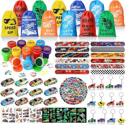 122 PCS Race Car Party Favors, Racing Birthday Party Favors with Pull Back Cars Drawstring Bags Slap Bracelet Keychain Stamper Tattoo Stickers, Racecar Theme Party Supplies Goodie Bag for Boys Kids