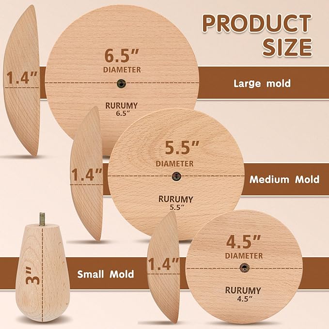 Pottery Molds Solid Wood - 4.5", 5.5", 6.5" Ceramic Clay Mold Set with Interchangeable Handle for Creating Plates, Bowls, DIY Gifts
