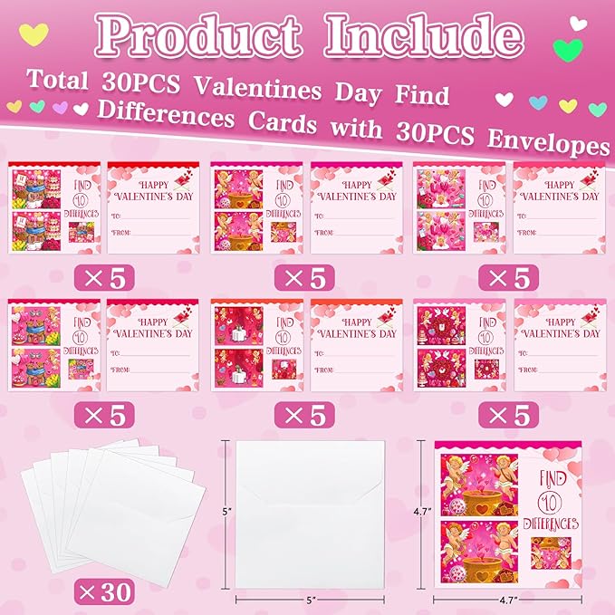 FaCraft Valentines Day Cards for Kids Classroom School,30PCS Find 10 Difference Valentines Day Gifts Cards with Envelopes Valentines Exchange Cards Valentine Party Favor Gifts for Kids Boys Girls