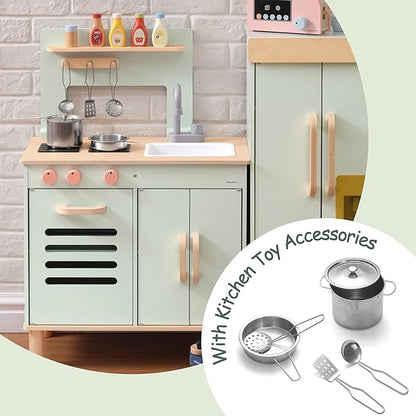 Play Kitchen for Kids, Wooden Toy Kitchen with Cookware Accessories, Chef Pretend Toddler Kitchen Playset, Best Gift for Girls & Boys Ages 3+