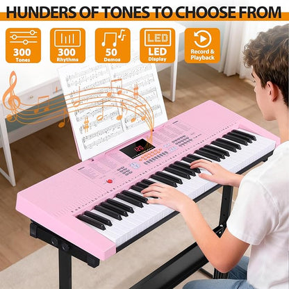 ZENY 61-Key Portable Electric Keyboard Piano with Built In Speakers, LED Screen, Headphones, Microphone, Piano Stand, Music Sheet Stand and Stool (Pink)