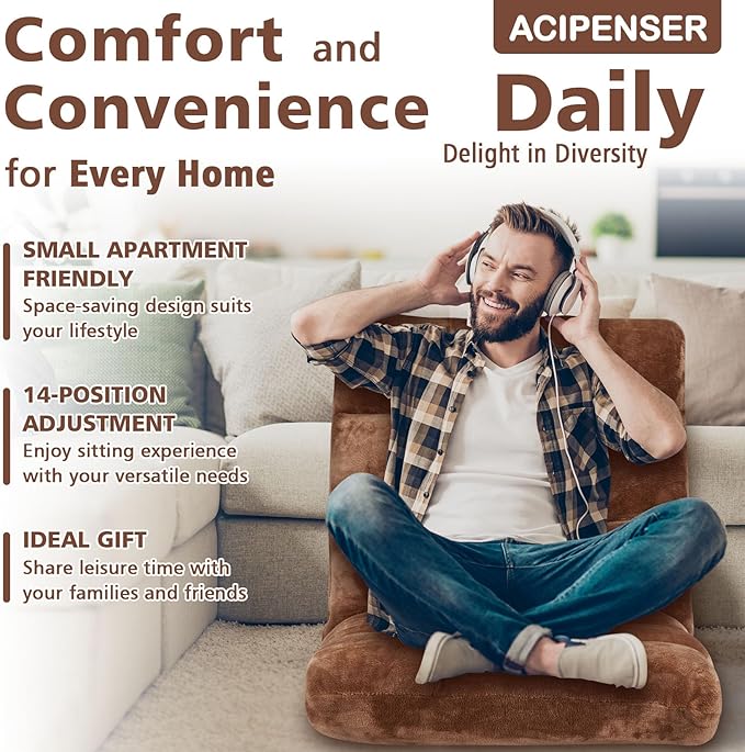 Folding Floor Chair 14-Position Cushioned Adjustable Floor Lazy Sofa Chair w/Breathable Cotton & Skin-Friendly Flannel for Adults & Kids Ideal for Reading Meditating, Brown
