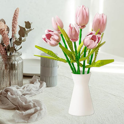 Flower Bouquet Building Toy Set Tulips, Botanical Building Blocks for Adults Home Office Decor Pink Color