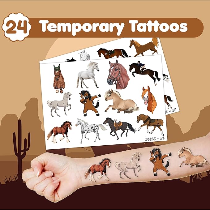 48PCS Horse Party Favors - 24 Tattoos & 24 Slap Bracelets, Perfect for Horse-Themed Birthdays, School Prizes, and Christmas Rewards for Kids