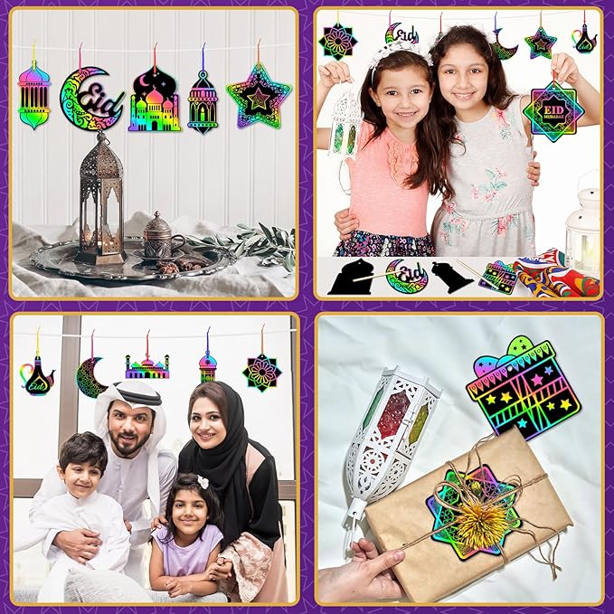 JULMELON 36 PCS Ramadan Crafts for Kids, Rainbow Scratch Paper Art for Kids Ramadan Gifts Eid Mubarak Magic Color Scratch Off Cards for School Classroom Activities DIY Drawing Project Party Favors