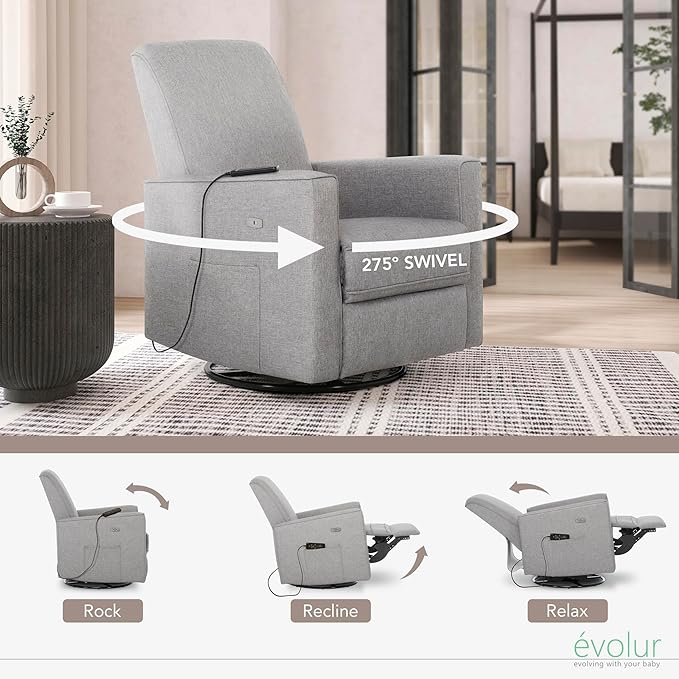 Evolur Harlow Deluxe Upholstered Plush Seating Glide Rocker, Swivel, Power Recliner USB Port with in-Built Massager, Greenguard Gold Certified, Glider Chair for Nursery in Light Grey