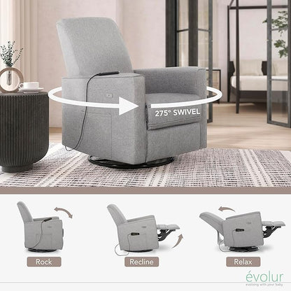 Evolur Harlow Deluxe Upholstered Plush Seating Glide Rocker, Swivel, Power Recliner USB Port with in-Built Massager, Greenguard Gold Certified, Glider Chair for Nursery in Light Grey