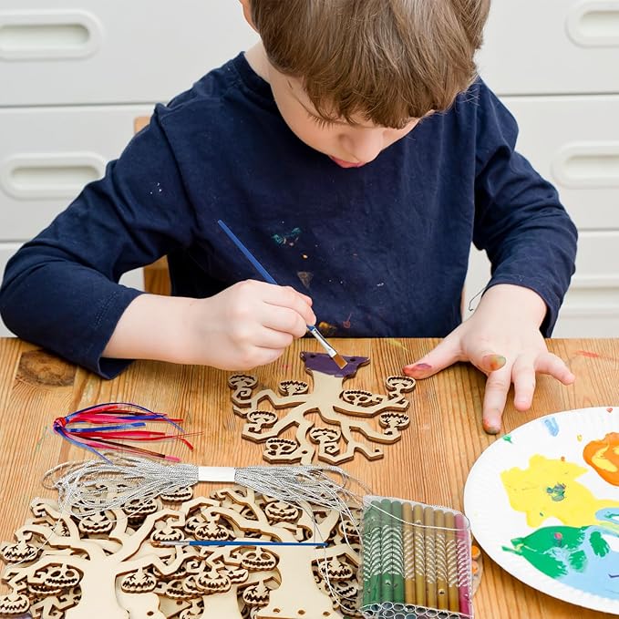 Fennoral 9 Pack Halloween Tree Wind Chime Kit for Kids Make You Own Wind Chimes Wooden Arts and Crafts DIY for Girls Boys Coloring Halloween Hanging Ornaments Halloween Party Decorations