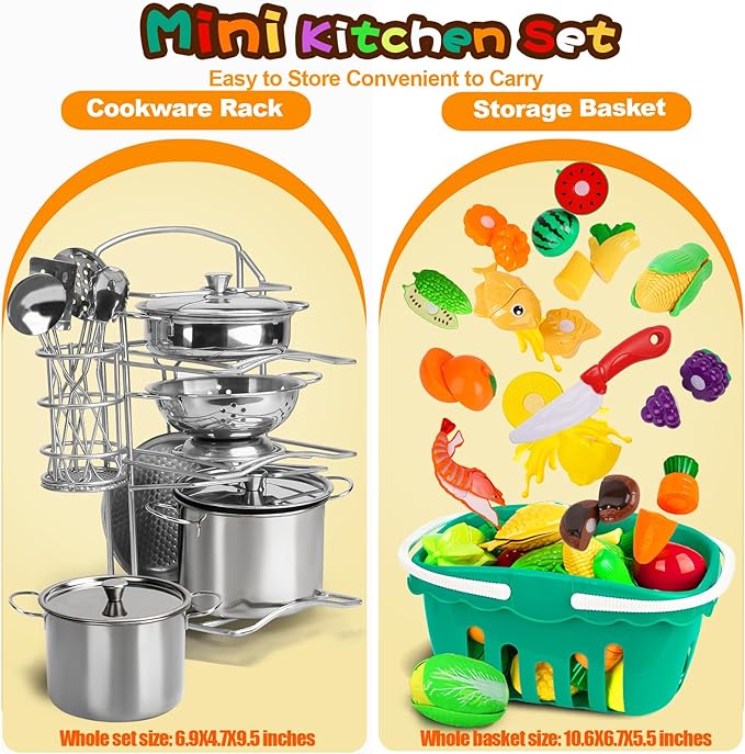 95PCS Kids Pretend Play Kitchen Toys Accessories,Kids Kitchen Playset,Stainless Steel Cookware Pots and Pans Cooking Toys,Pretend Cutting Play Food Set for Kid Kitchen