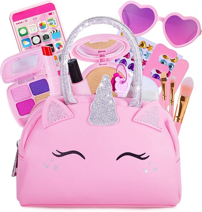 Pretend Play Makeup Kit for Little Girls with Unicorn Purse : Fake (Not Real) Make up Toy Set for Toddler and Kids - Includes Phone with Sounds, Princess Birthday Gift Set for Ages 3 4 5 6 7 8 Years