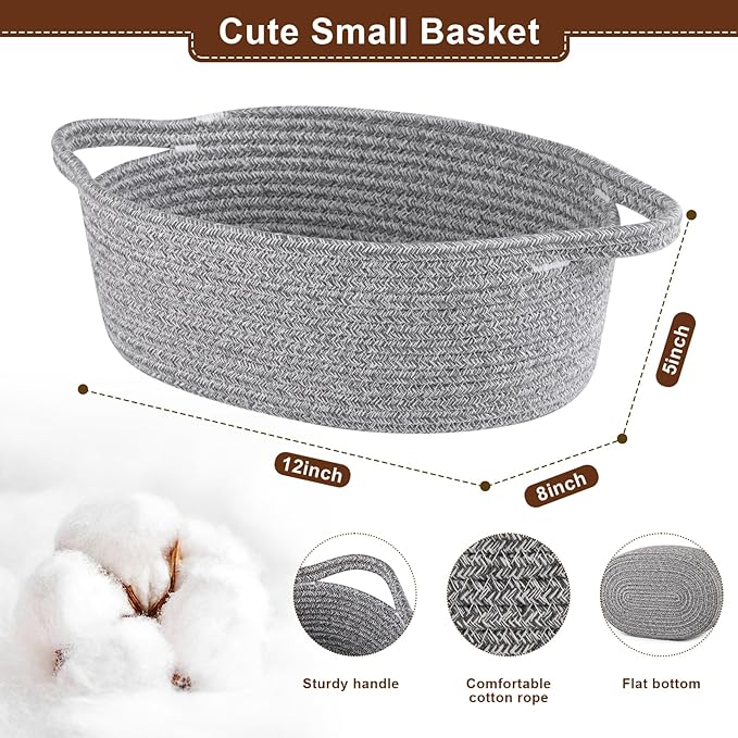 OIAHOMY Gift Basket with Handle, Small Woven Basket with Gift Bag, Ribbon and Wrap Tissue Paper, Nursery Bins Empty to Fill with Small Items, Baby, Pet Toy Organizer - Grey