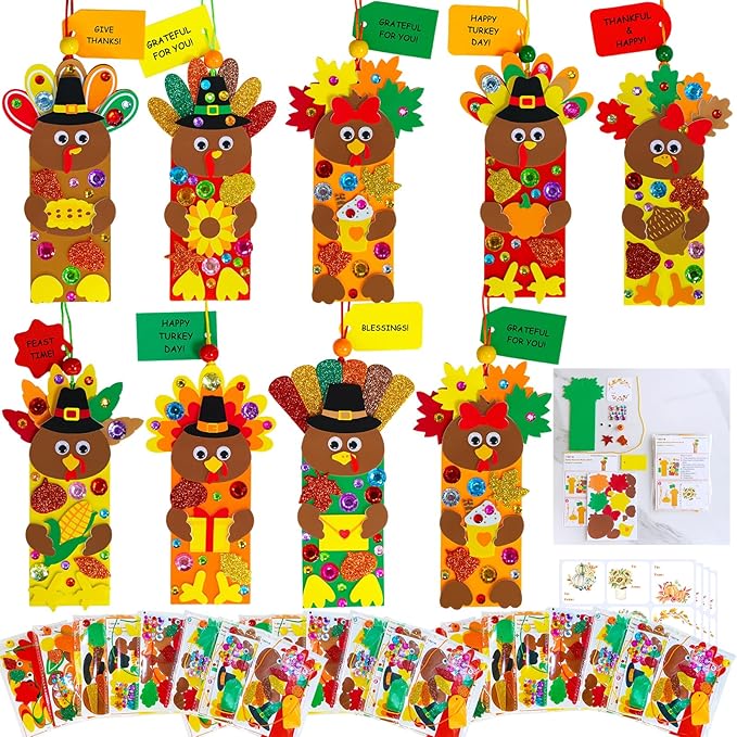 Winlyn 24 Sets Thanksgiving Turkey Craft Kits Fall Kids Crafts DIY Thanksgiving Turkey Bookmarks Art Sets Autumn Leaf Turkey Foam Stickers Arts and Crafts for Kids Party Favors Classroom Activities