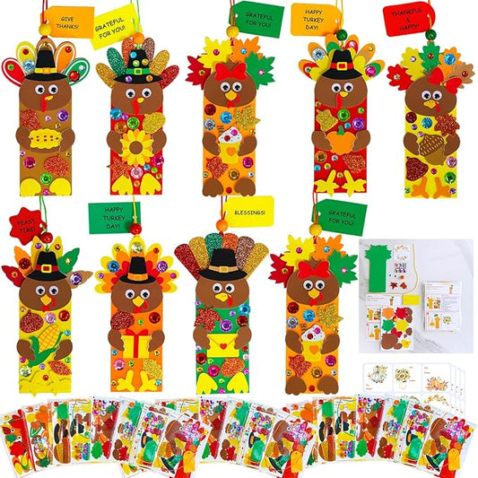 Winlyn 24 Sets Thanksgiving Turkey Craft Kits Fall Kids Crafts DIY Thanksgiving Turkey Bookmarks Art Sets Autumn Leaf Turkey Foam Stickers Arts and Crafts for Kids Party Favors Classroom Activities