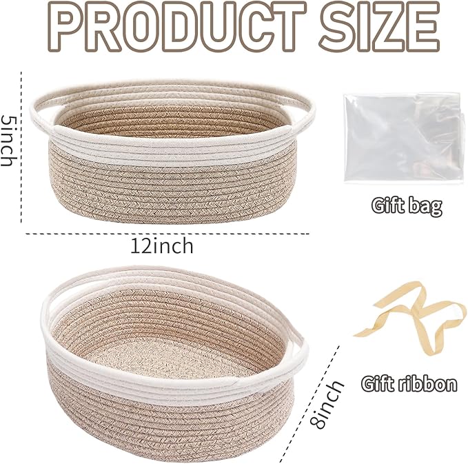 JMvicyroam Woven Basket,Small Rope Storage Bin with Handles & Ribbon Bag, Organizer for Shelves Closets,Gift Basket Empty for Birthday,Books,Dog Toys, White&Oatmeal/2 Pack