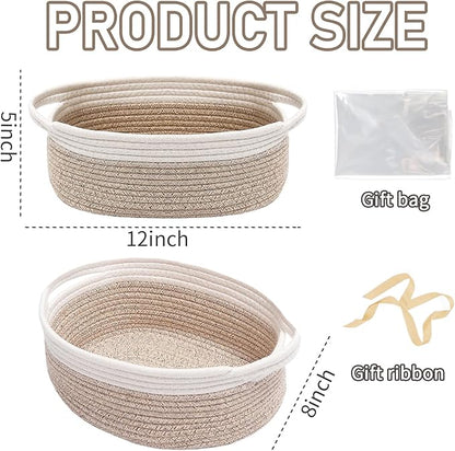 JMvicyroam Woven Basket,Small Rope Storage Bin with Handles & Ribbon Bag, Organizer for Shelves Closets,Gift Basket Empty for Birthday,Books,Dog Toys, White&Oatmeal/2 Pack