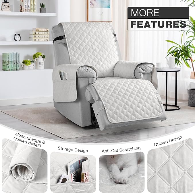 TAOCOCO Waterproof Recliner Chair Covers with Leg Strap 1 Piece Recliner Covers for Recliner Chair for Pets Kids, Washable Reclining Chair Cover Furniture Protector with Straps (23'' Small, Off White)