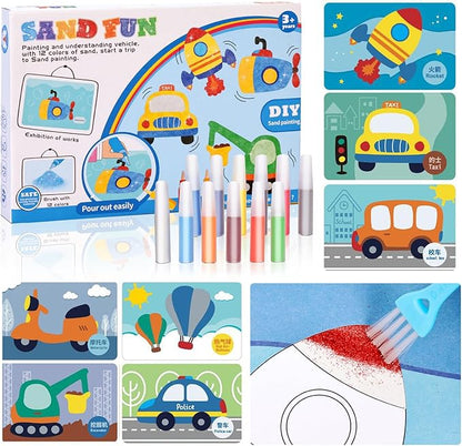 Colorful Sand Art Kit Crafts for Kids Ages 4-8- 12 Colored Sands, 16 Vehicles Sand Art Pictures - DIY Crafts Set for Girls and Boys，Arts and Crafts for Kids Ages 8-12
