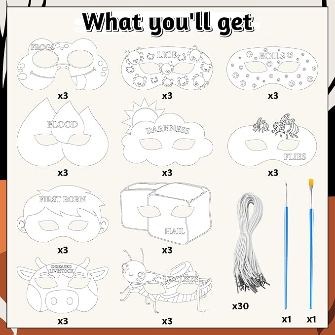 TICIAGA DIY Coloring Passover Masks - 30PCs Color Your Own Passover Masks Kit for Kids 10 Plagues DIY Magic Art Craft Kits DIY Passover Party Costume Decorations Accessories for Classroom Activities