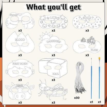 TICIAGA DIY Coloring Passover Masks - 30PCs Color Your Own Passover Masks Kit for Kids 10 Plagues DIY Magic Art Craft Kits DIY Passover Party Costume Decorations Accessories for Classroom Activities