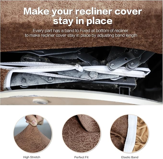 Like Leather Recliner Chair Covers, 4 Pieces Lazy Boy Recliner Cover That Stay in Place, Soft Stretch Leather Grain Covers for Recliner Covers for Large Recliner Slipcover (Light Brown 1)