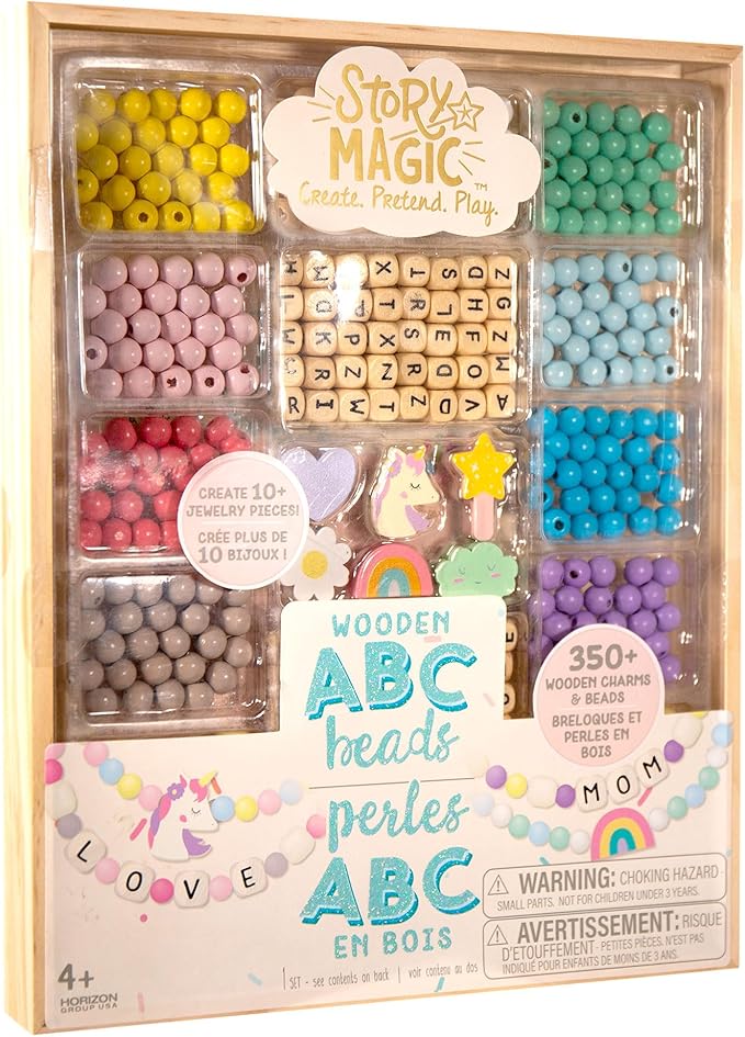 Story Magic Wooden ABC Beads by Horizon Group USA, Premium Wood Jewelry Making Kit, Makes 10+ Pieces of Jewelry, Over 350 Wooden Beads & Charms