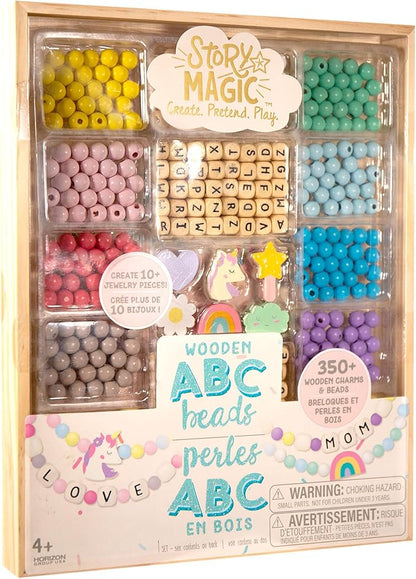 Story Magic Wooden ABC Beads by Horizon Group USA, Premium Wood Jewelry Making Kit, Makes 10+ Pieces of Jewelry, Over 350 Wooden Beads & Charms