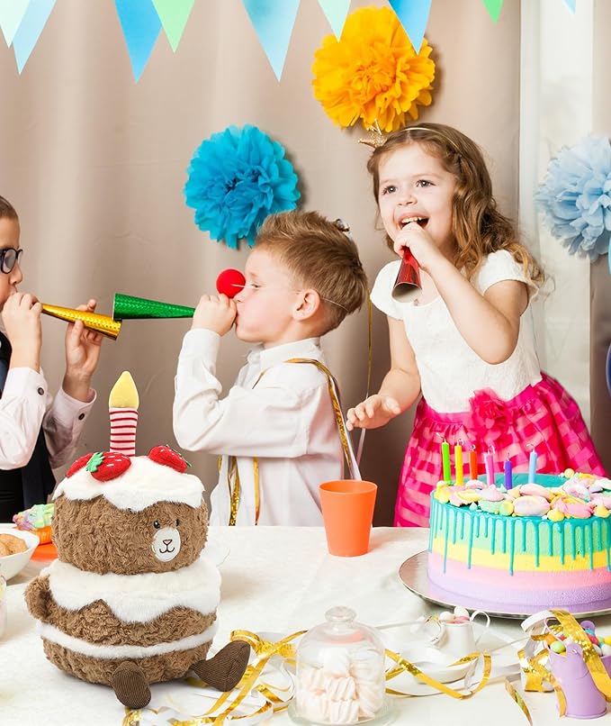 Birthday Plush Toy Bear Stuffed - Adorable Cake Stuffed Animal, Cute Teddy Bear Face with Candle, Huggable Kids' Gifts, Party Decorations, 13 Inch