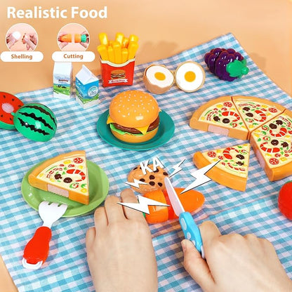 Kids Picnic Basket, Toy Food for Toddlers 1-3, Play Food Sets for Kids Kitchen Role Playset with Carry Case Fake Food Fruit Play Kitchen Accessories, Birthday for Toddler Girls Boys