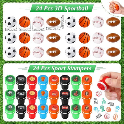 Aoriher 120 Pcs Sport Balls Party Favors Set Serve 24, Basketball Football Soccer Goodie Foam Finger Mini Stress Ball Slap Bracelet Charm Bracelet Stamp for Kids Party Supplies (Sports Ball)