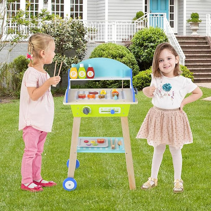 Costzon Kids Barbecue Grill Playset, Wooden Pretend Cooking Truck with 21 Play Food & Barbecue Accessories, Role Play BBQ Toy Set, Interactive Little Chef Cooking Play Stand for Girls & Boys Age 3+