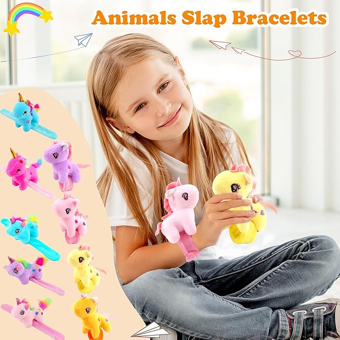 12 Pack Plush Animal Slap Bracelet Unicorn Plush Slap Bracelet Unicorn Stuffed Huggers Pat Ring Bulk for Animal Party Favor Christmas Birthday Gift Fillers, 12 Styles