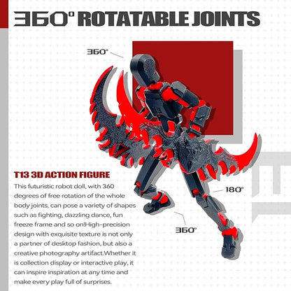 (Assembly Completed) T13 3D Action Figure Set,Dummy Robo Titan 13 Action Figures,3D Printed Multi-Jointed Toy (Black Red + Dog)