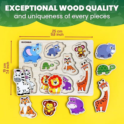 QUOKKA Wooden Puzzles for Toddlers 1-2 – 4 Set Pegged Puzzles for Kids Ages 1-2 – Animal Safari Learning Toy for Kids – Gift Realistic Educational Game for Boy and Girl