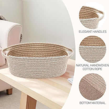 JMvicyroam Woven Basket,Small Rope Storage Bin with Handles & Ribbon Bag, Organizer for Shelves Closets,Gift Basket Empty for Birthday,Books,Dog Toys,Oatmeal
