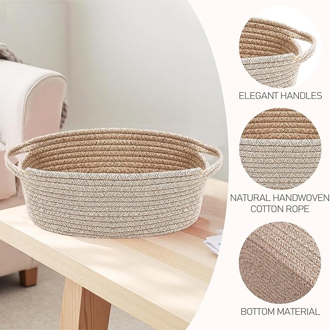 JMvicyroam Woven Basket,Small Rope Storage Bin with Handles & Ribbon Bag, Organizer for Shelves Closets,Gift Basket Empty for Birthday,Books,Dog Toys,Oatmeal/3 Pack