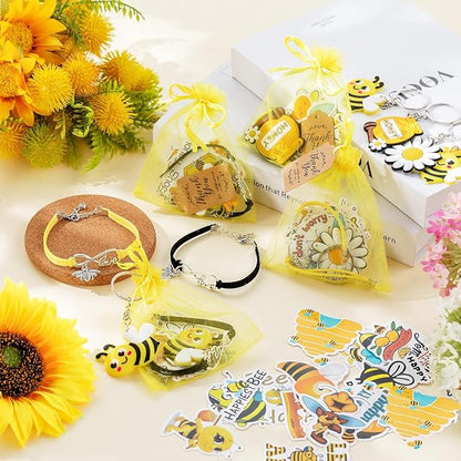 130 Pcs Bee Party Favors Including Bee Keychains Adjustable Bee Bracelets PVC Bee Print Stickers Thank You Kraft Tags Organza Bags for Birthday Summer Party Wedding School Reward