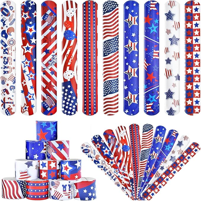 48 Pieces American Flag Slap Bracelets Bulk - 10 Assorted Designs Patriotic Snap Bands, USA Themed Party Favors for Kids and Adults, Fourth of July Accessories, Goodie Bag Fillers, Classroom Prizes