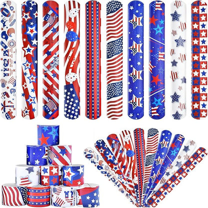 48 Pieces American Flag Slap Bracelets Bulk - 10 Assorted Designs Patriotic Snap Bands, USA Themed Party Favors for Kids and Adults, Fourth of July Accessories, Goodie Bag Fillers, Classroom Prizes