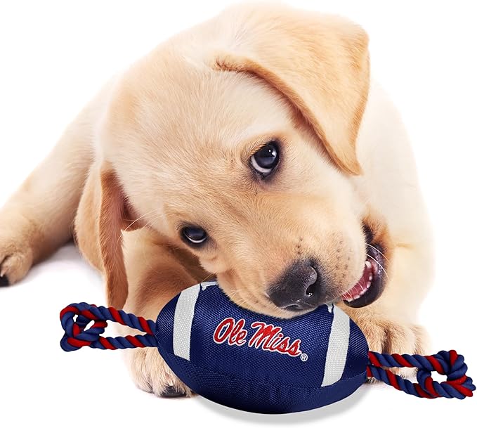 Pets First OLE Miss Football Dog Toy, Tough Quality Nylon Materials, Strong Pull Ropes, Inner Squeaker, Collegiate Team Color
