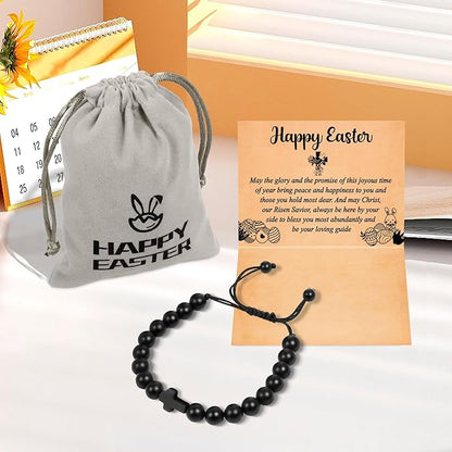 Partyprops Easter Basket Stuffers for Boys Teens Men, Black Easter Bracelet Cross Bracelet First Communion Baptism Confirmation Christian Easter Gifts for Son Daughter Teenager Girls Adults Men