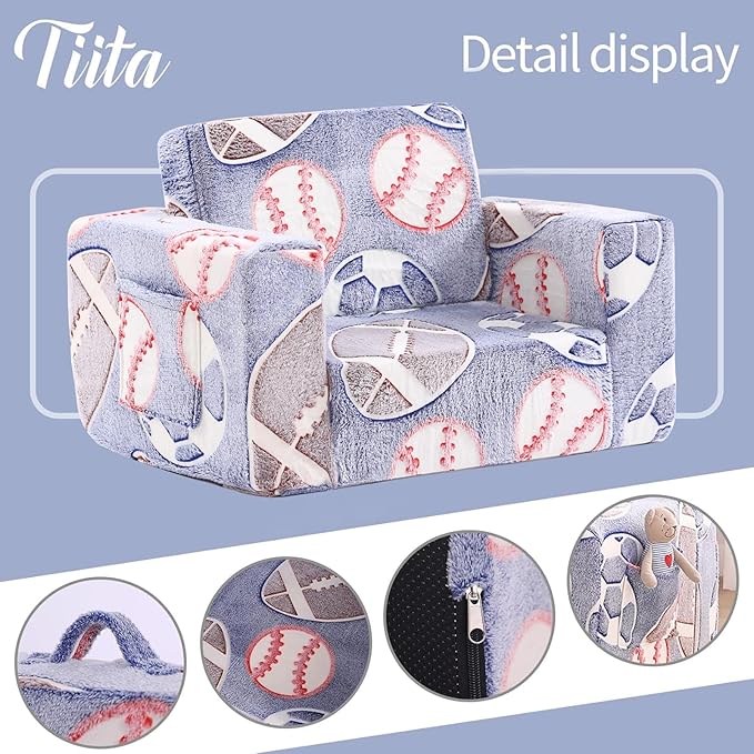 Tiita Kids Sofa, 2-in-1 Kids Sofa Chair, Convertible Toddler Couch to Lounger, Flip Out Baby Sofa Chair, Toddler Armrest Chair Bed, Folding Kids Play Sofa for Girl or Boy(Ball)