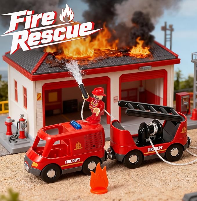 Giant bean 6pcs Magnetic Rescue Train Car Set with Sound & Light – 3 in1 Police, Fire & Ambulance Emergency Vehicles, Magnetic Coupling with Action Figures Accessories, STEM Play Toy for Kids 3+